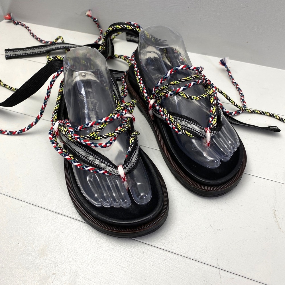 Free People Mallorca Wrap Sandals Braided Rope Wrap Womens 37 6.5 Black Boho